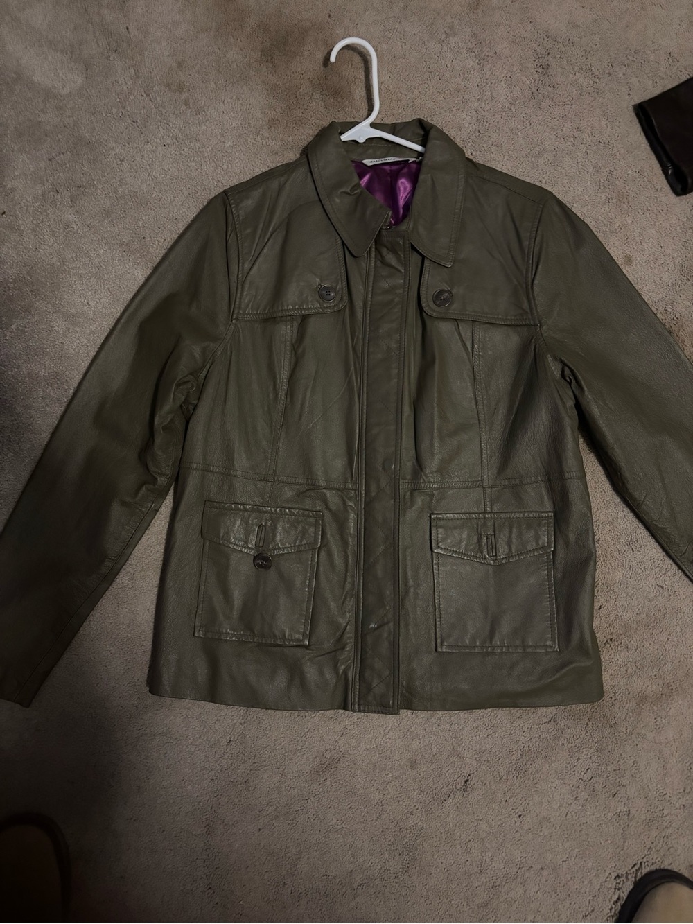 Isaac Mizrahi Olive Green Leather Military-Style Jacket